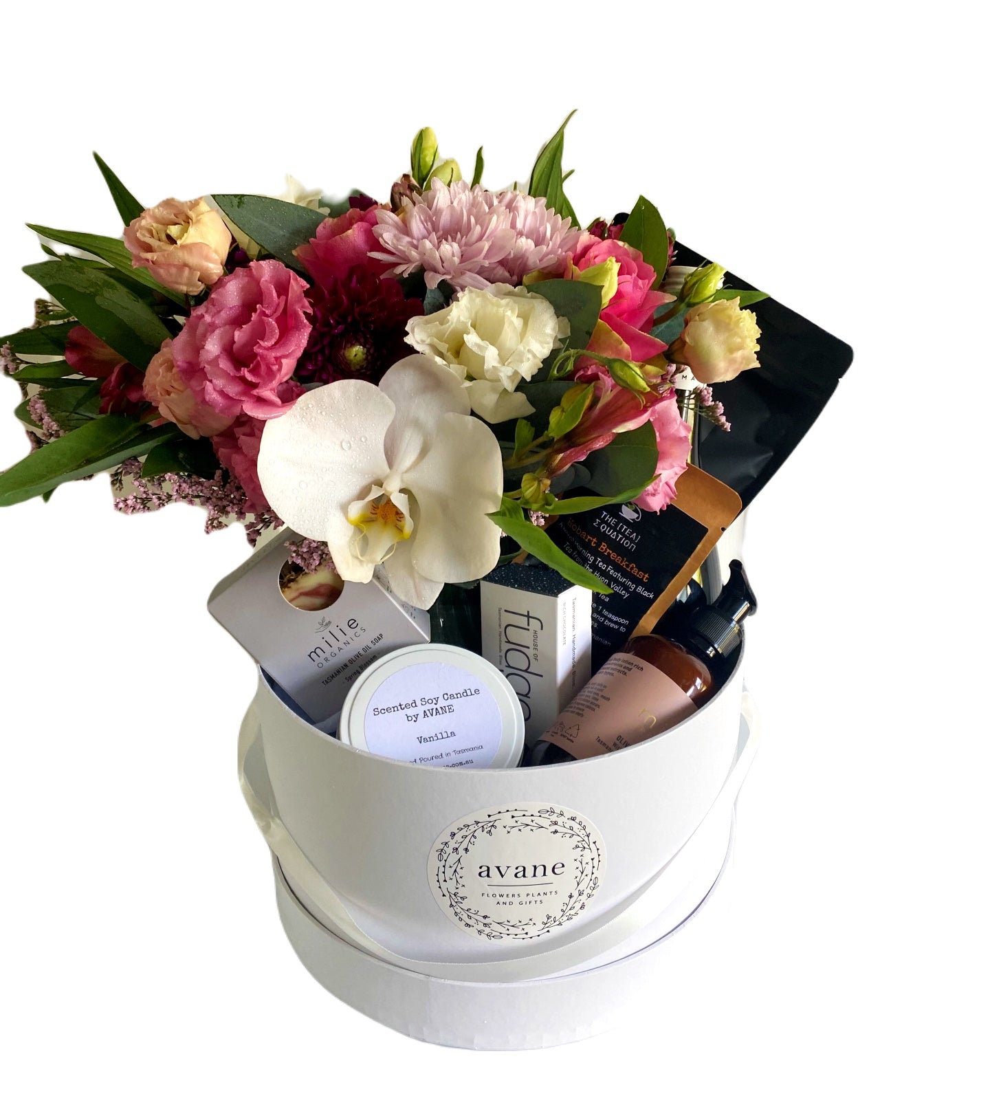 A fabulously luxe hamper with everything lovely. All Tasmanian goodies including:   - A gorgeous posy of seasonal pink and white blooms in a glass vase   - Vanilla Soy Candle   - Tasmanian Devil Fudge (100g)   - Spring Blossom Olive Oil Soap (115g)   - Spring Blossom Bath Bomb    - Spring Blossom Olive Oil Magnesium Bath Soak (250g)  - Spring Blossom Olive Oil Body Lotion (200ml)  - "Hobart Breakfast" Tasmanian Tea  - Devil's Corner Wine  This gorgeous gift is packaged in a lovely hamper box, wrapped and ri