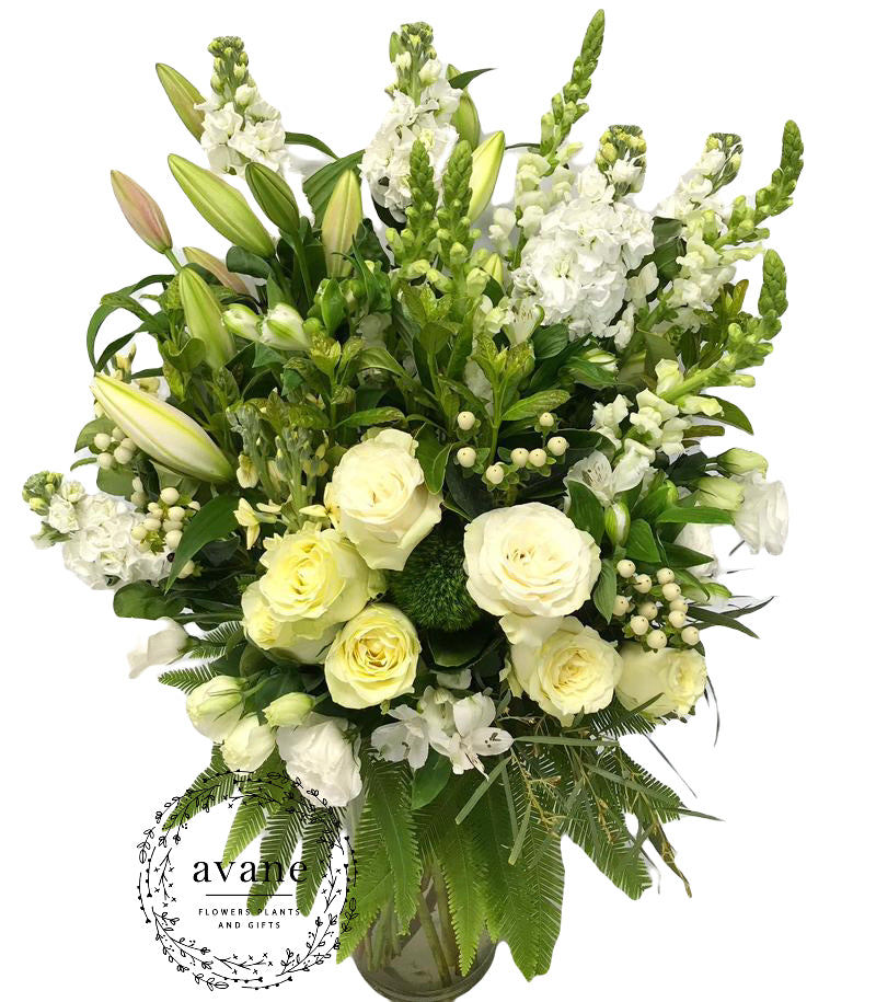 A classic white and green bouquet - this bouquet is full of premium perfumed flowers like lilies, stock, and roses. All gathered in an elegant glass vase that can be used again and again.  We believe the quality of produce you give reflects how you feel about your recipient. That's why this flower arrangement showcases only the finest quality Tasmanian blooms. No matter what the time of year or occasion, nothing shows you care more than AVANE's gorgeous flowers.  This gorgeous flower arrangement is presente